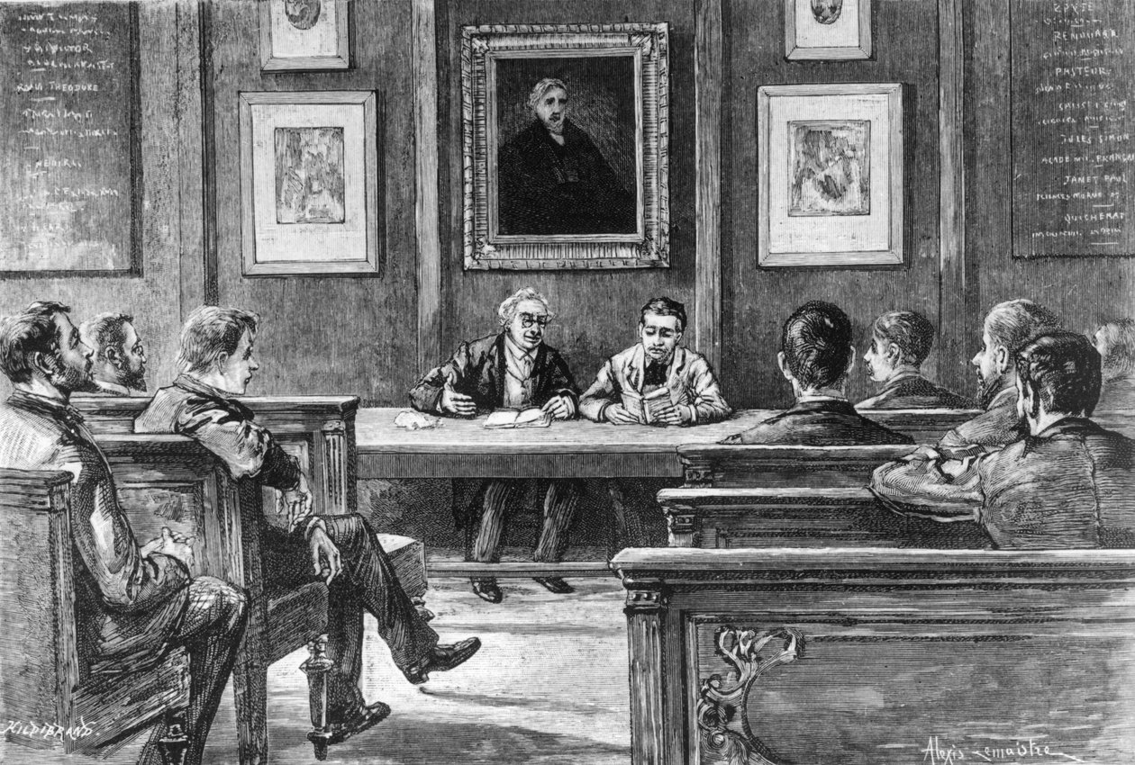 Una Lezione di Pronuncia alla Ecole Normale Superieure di Parigi, da Nos Grandes Ecoles di Louis Rousselet, Hachette, Parigi, 1888 da Alexis Lemaistre