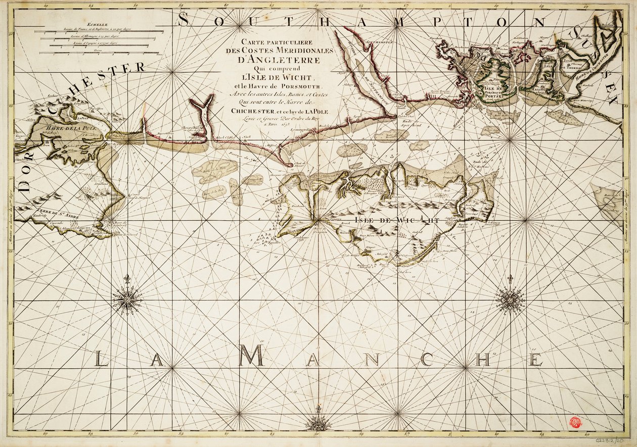 Carta della costa inglese, Isola di Wight e porto di Portsmouth da Alexis Hubert Jaillot