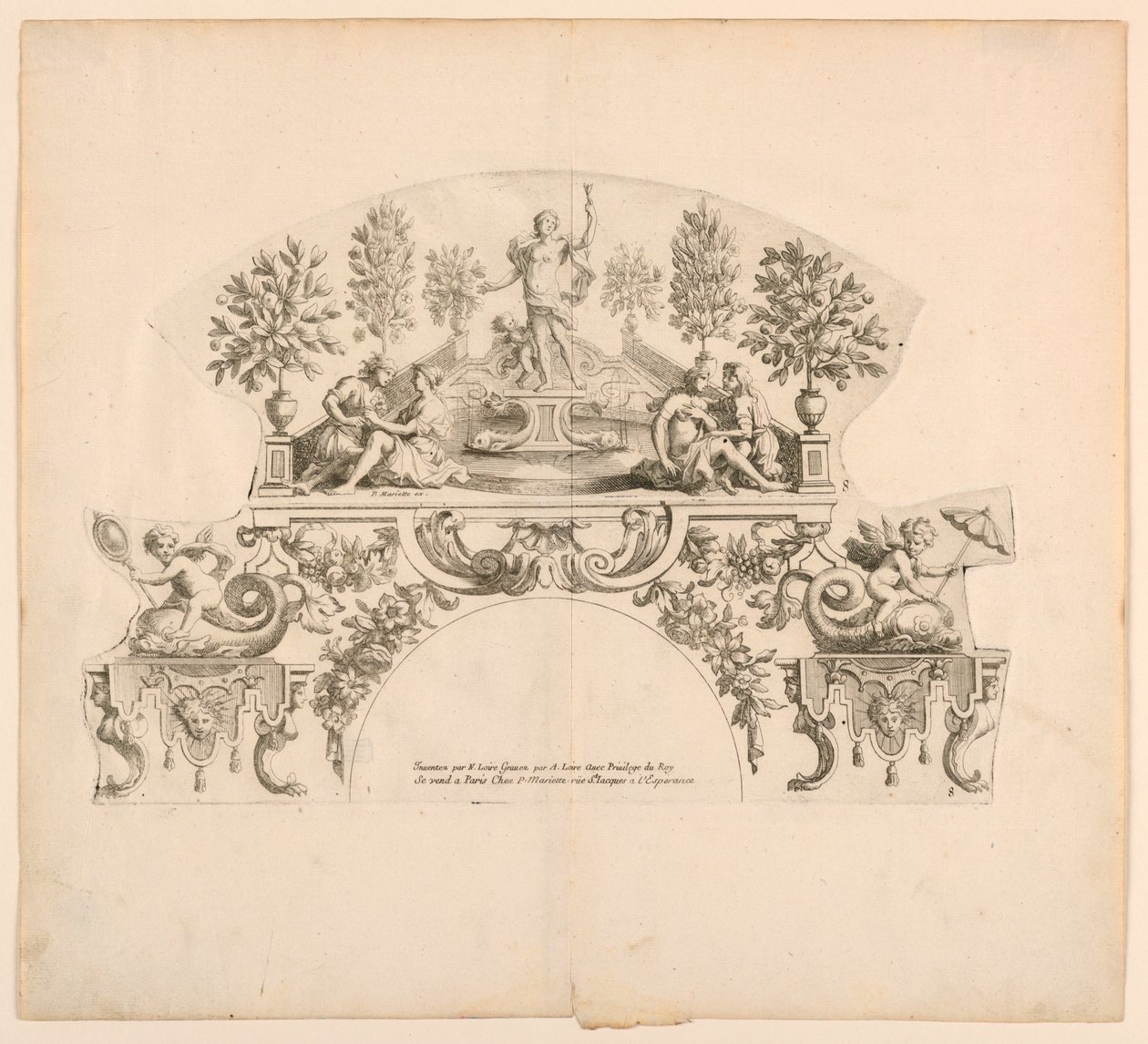 Foglie di ventaglio, Ottava e nona tavola del set, "Divers Desseins de grands Eventails, Encrans, et autres Ornamens, inventati e incisi da Nicolas Loire" da Alexis Loir