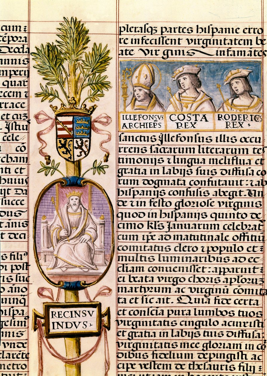 Ritratto di Flavio Recceswinth, Re dei Visigoti di Spagna dal 653 alla sua morte nel 672, miniatura in "Genealogia de los reyes de España" da Alfonso de Cartagena