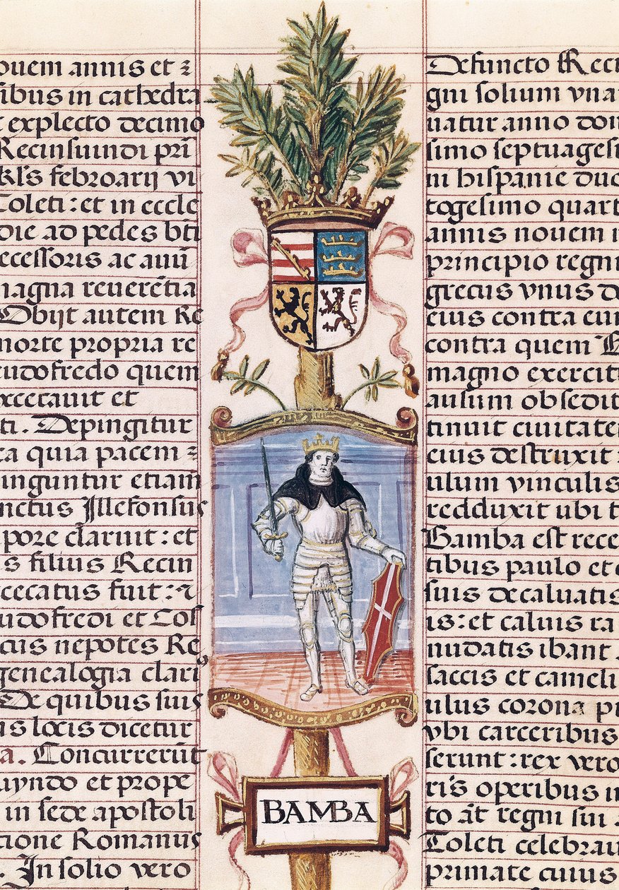 Ritratto del re visigoto Wamba (m. 688, Re di Spagna dal 672-680/681, da "Genealogía de los reyes de España" di Alonso de Cartagena da Alfonso de Cartagena