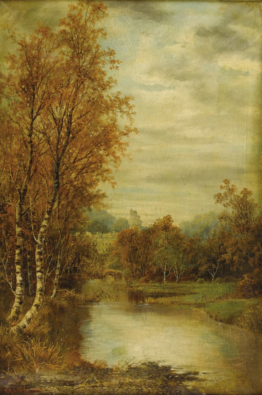 Paesaggio autunnale con stagno e torre del castello da Alfred Augustus Glendening