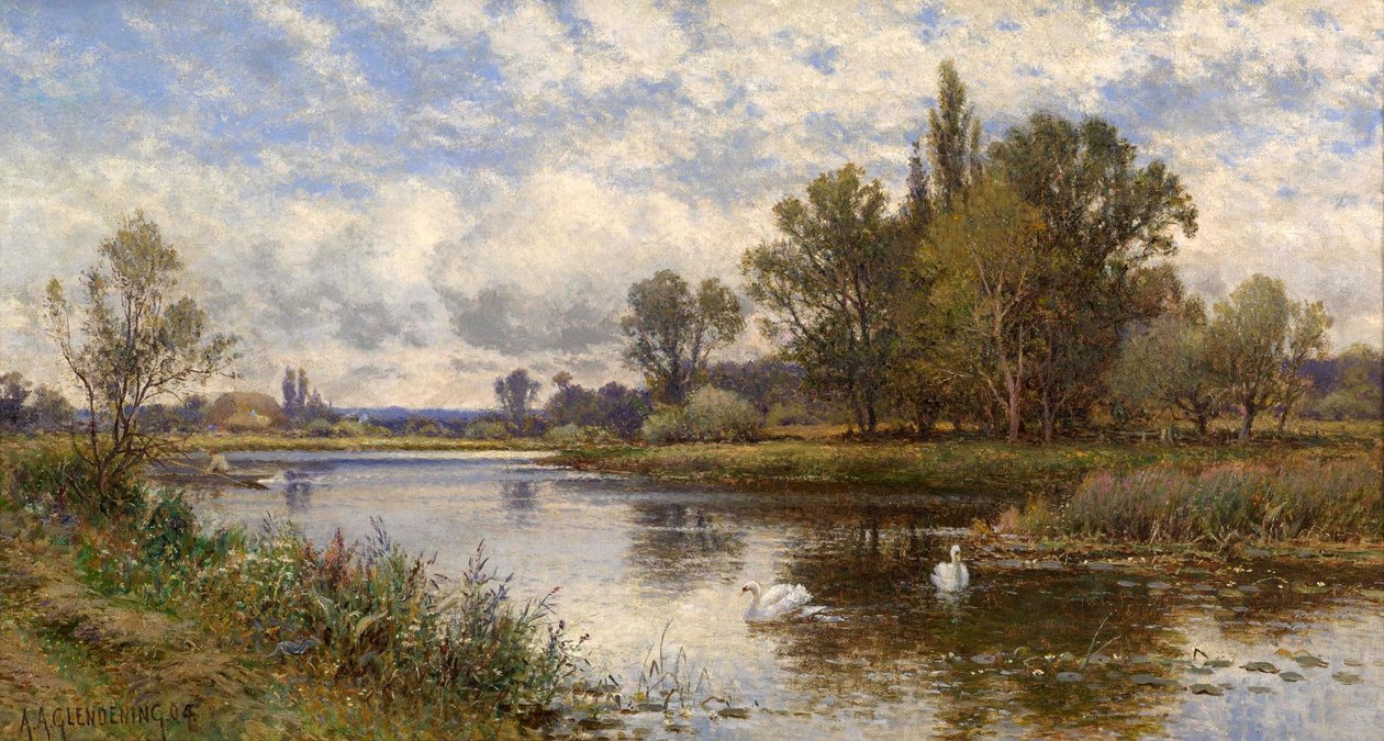 Scena fluviale con cigni da Alfred Augustus Glendening