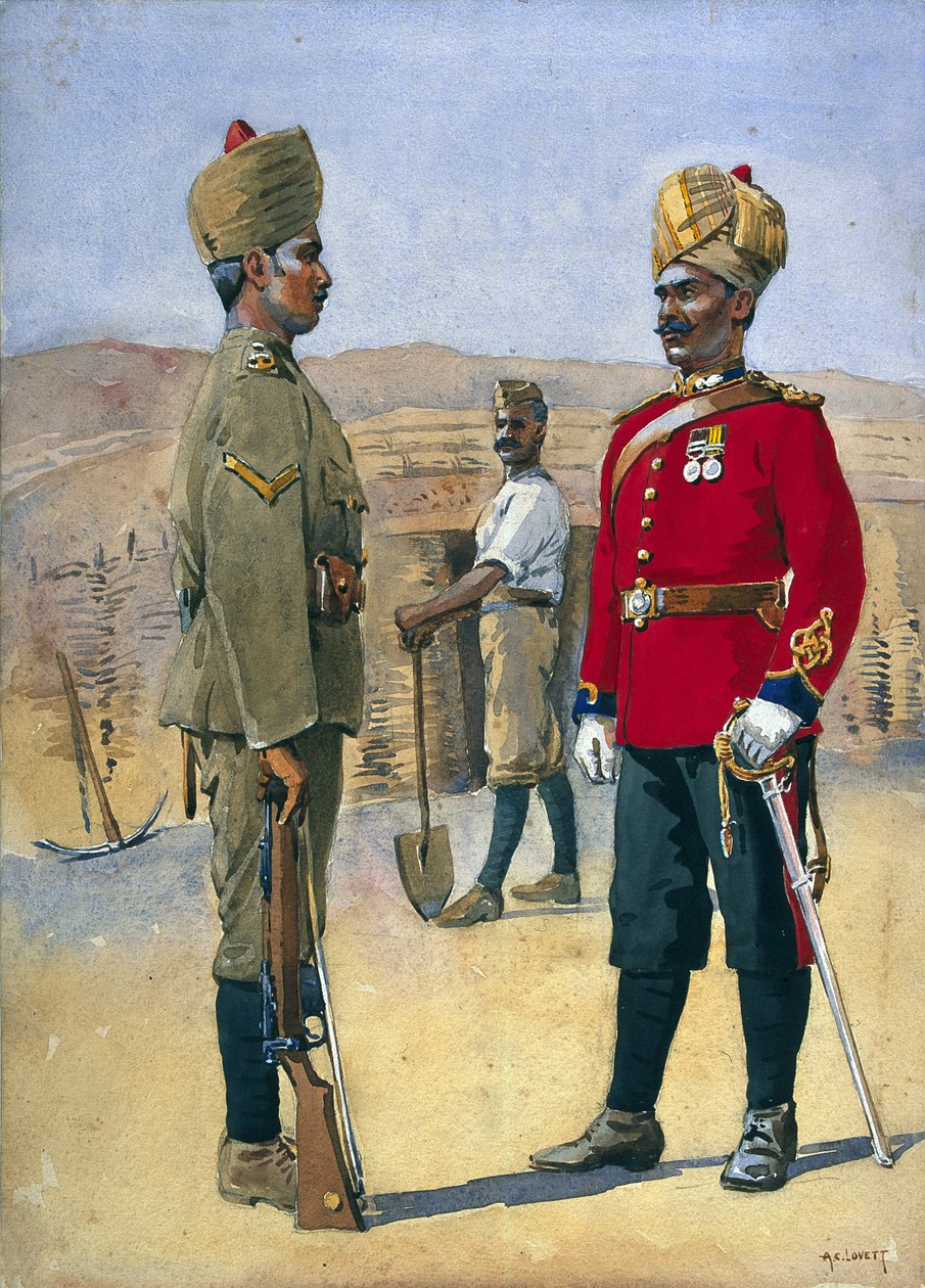 Soldati del 3° Zappatori e Minatori Lance, Naik, Brahman di Oudh. Jemadah, Dekhani Mahratti, illustrazione per 