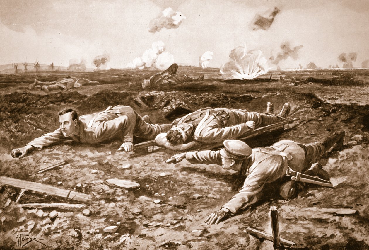 Il caporale Brown e il caporale Dobson trascinano un uomo ferito attraverso il campo aperto verso le linee britanniche sotto il fuoco da Alfred Pearse