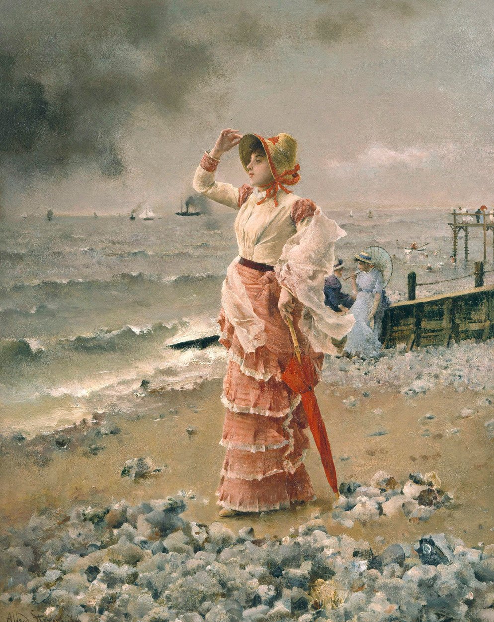 Donna elegante che guarda una nave a vapore da Alfred Emile Stevens