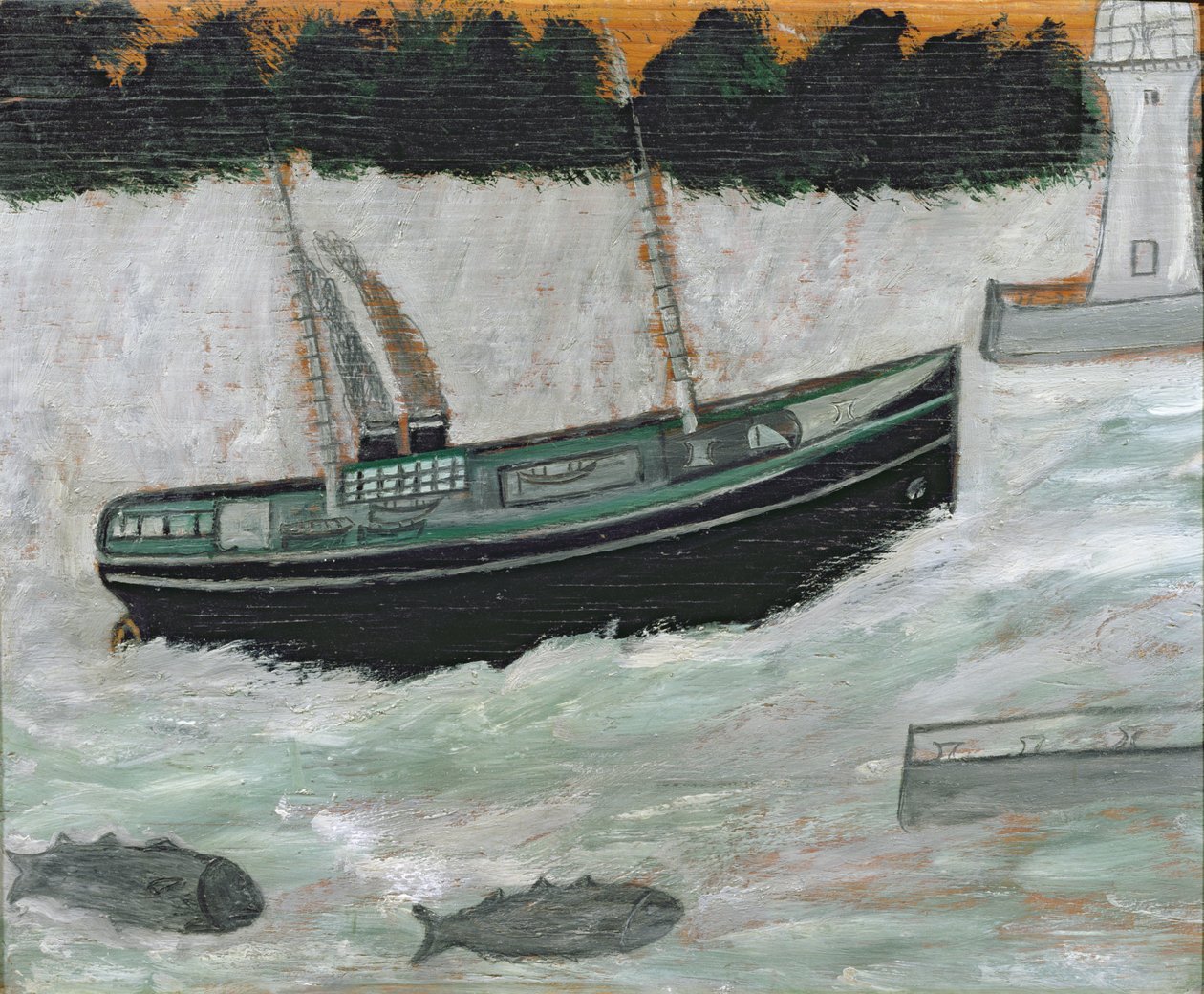 Faro con peschereccio e pesce da Alfred Wallis