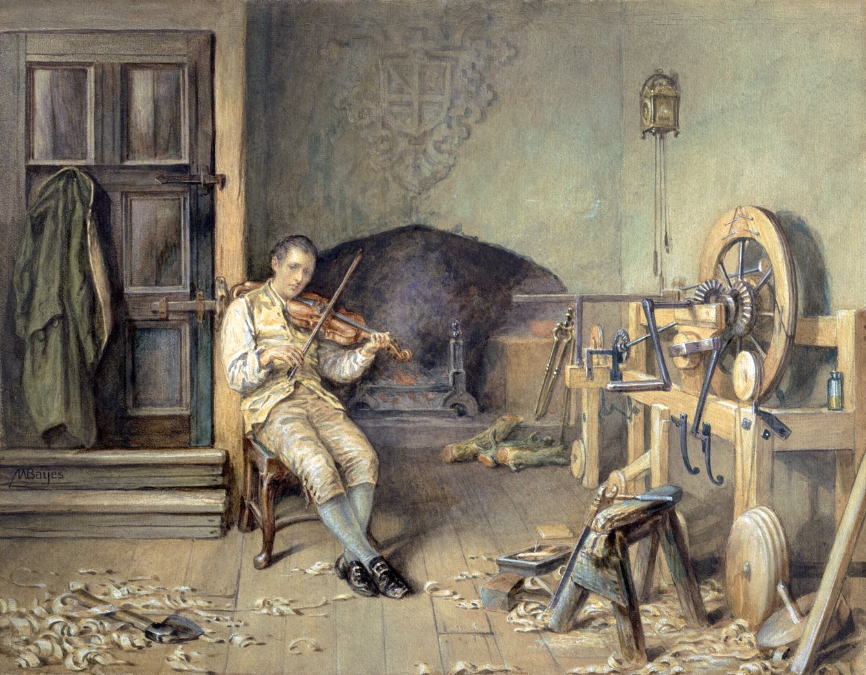 Samuel Crompton (1753-1827) che inventa il suo Mule per filare, 1895 da Alfred Walter Bayes