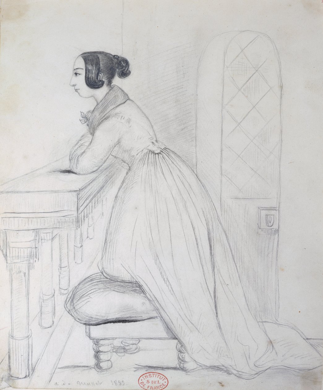 George Sand (1804-76) inginocchiata su un pouf e con i gomiti su una balaustra, 1833 da Alfred de Musset