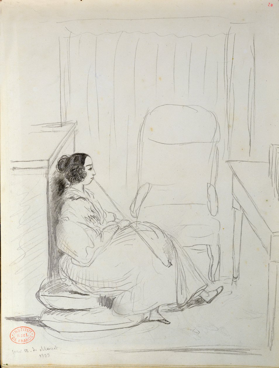 George Sand seduta e fumando una pipa, 1833 da Alfred de Musset