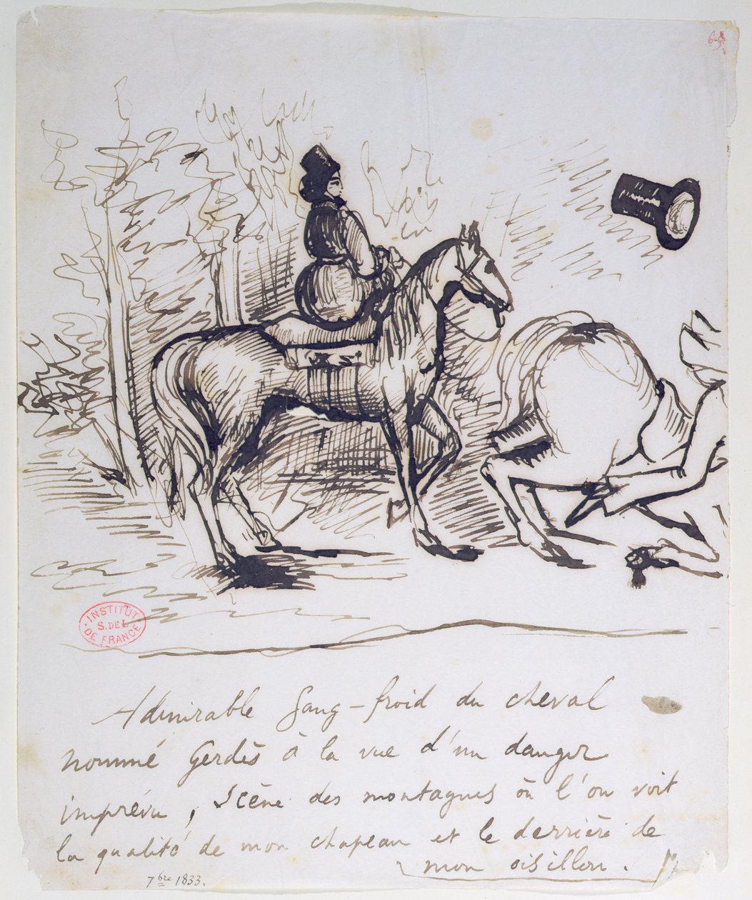 Il cavallo di George Sand mostra sangue freddo dietro il cavallo inciampante di Alfred de Musset, settembre 1833 da Alfred de Musset