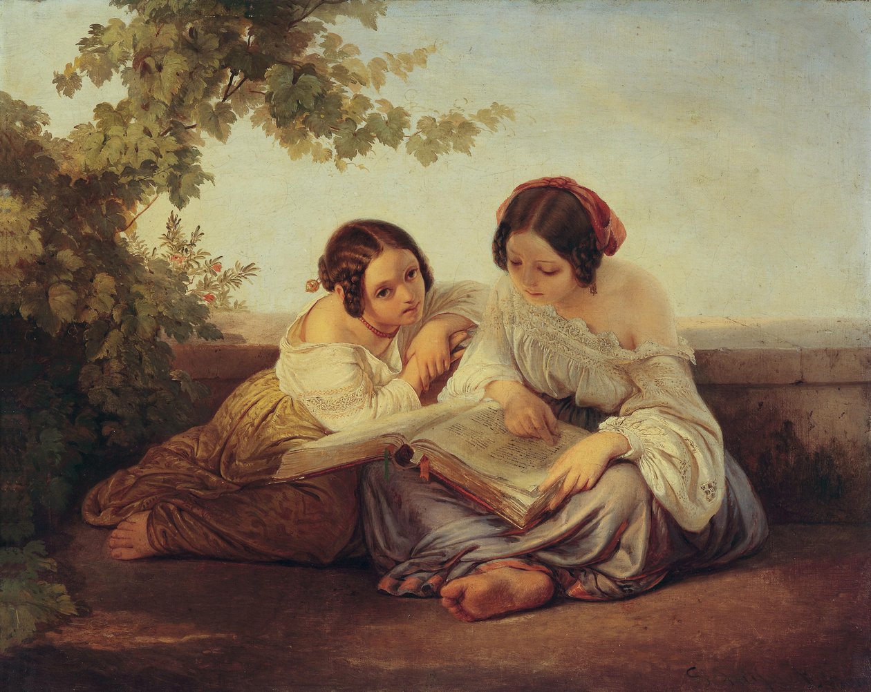 Due ragazze che leggono davanti a un paesaggio da Alfred von Schüssler