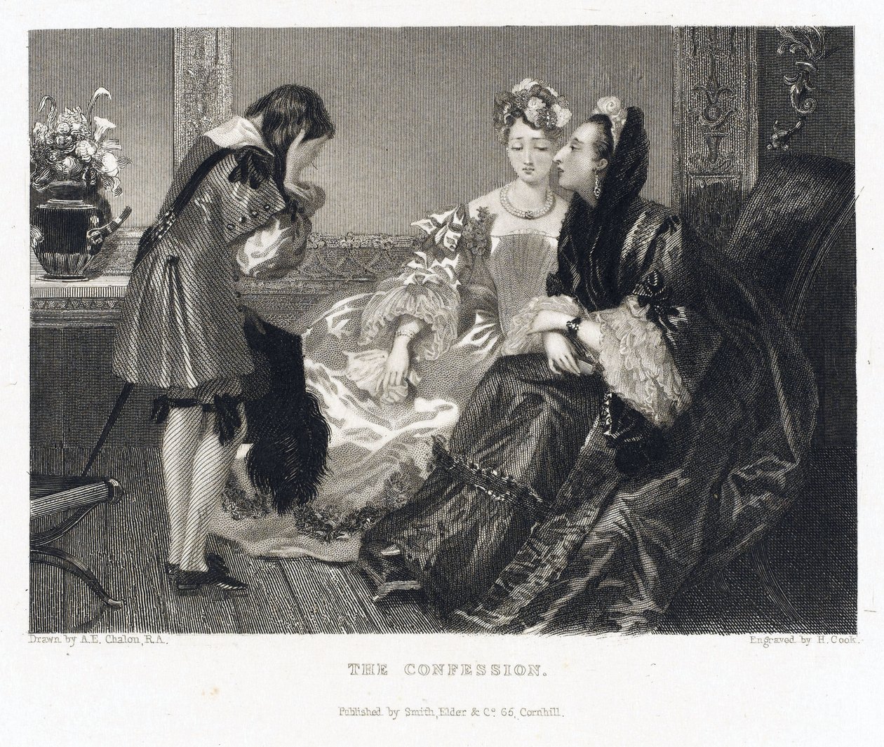 La confessione, relativa a una storia con lo stesso titolo, una donna con un grande vestito nero si china per ascoltare la confessione di un giovane ragazzo, che si copre il viso con le mani da Alfred Edward (after) Chalon