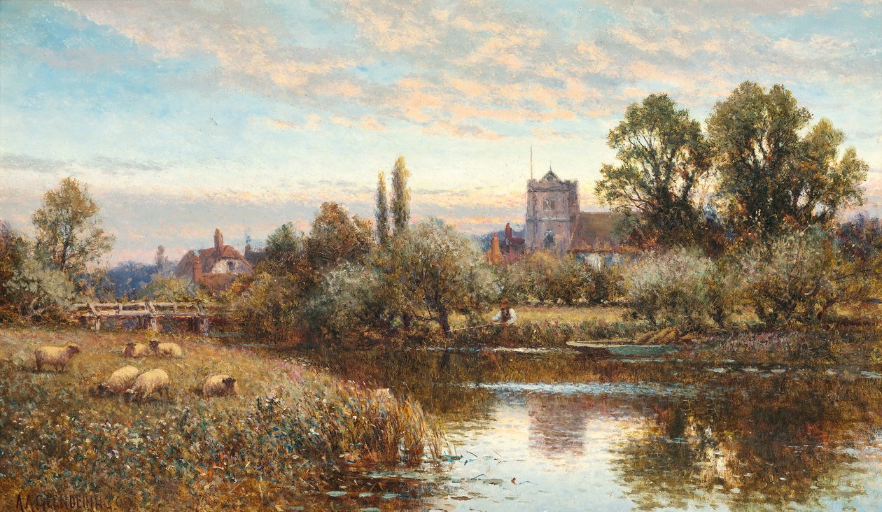 Pecore che pascolano davanti alla Chiesa di Wrotham, crepuscolo da Alfred Augustus Glendening