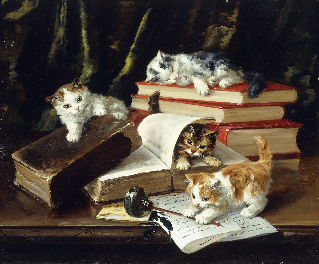 Gattini che Giocano sulla Scrivania da Alfred Brunel de Neuville