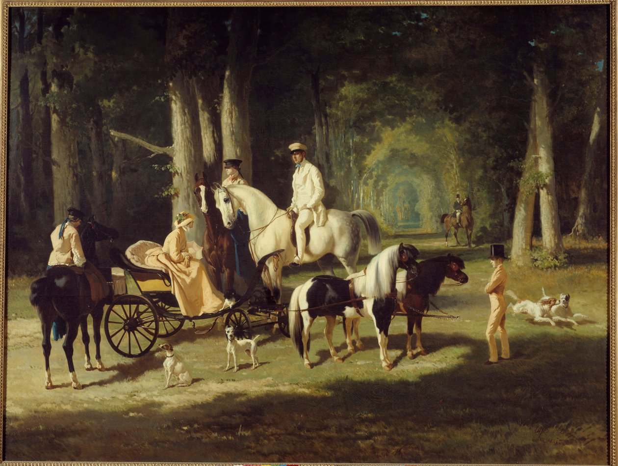 Il signor e la signora A. Mosselman e le loro due figlie passeggiano a cavallo nel bosco da Alfred Dedreux