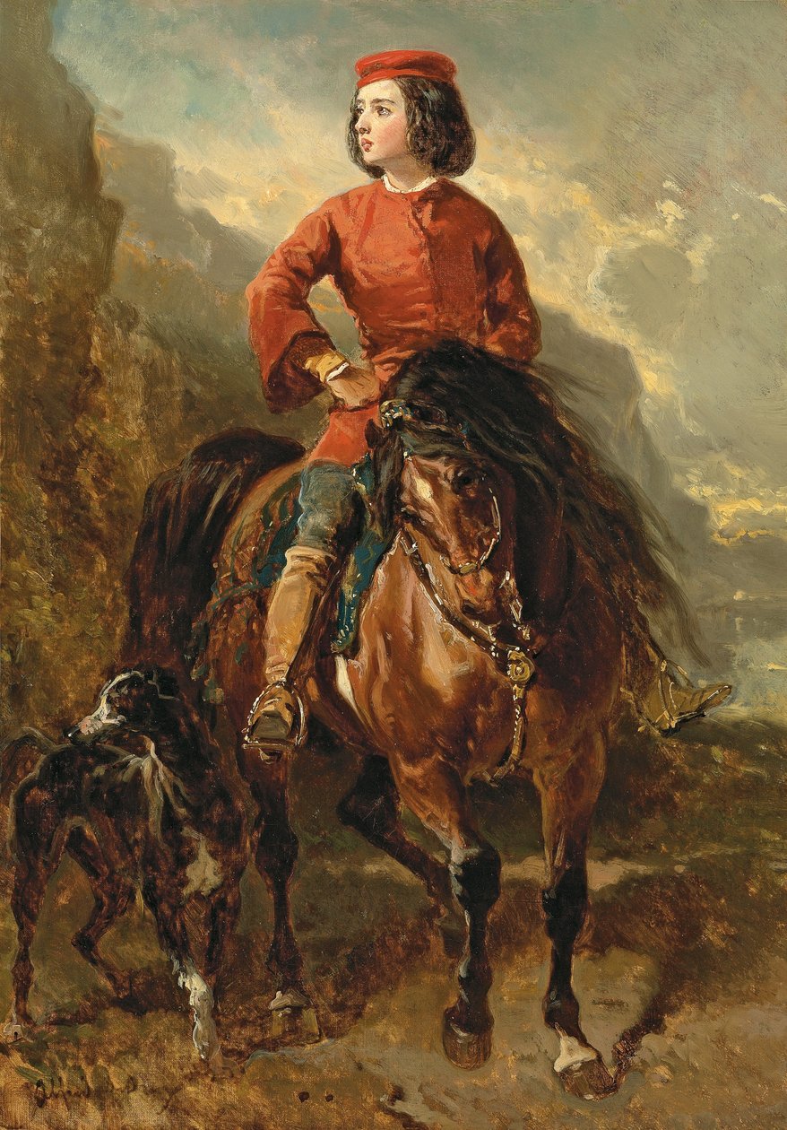 Giovane cavaliere su uno Shetland, con un levriero, XIX secolo da Alfred Dedreux