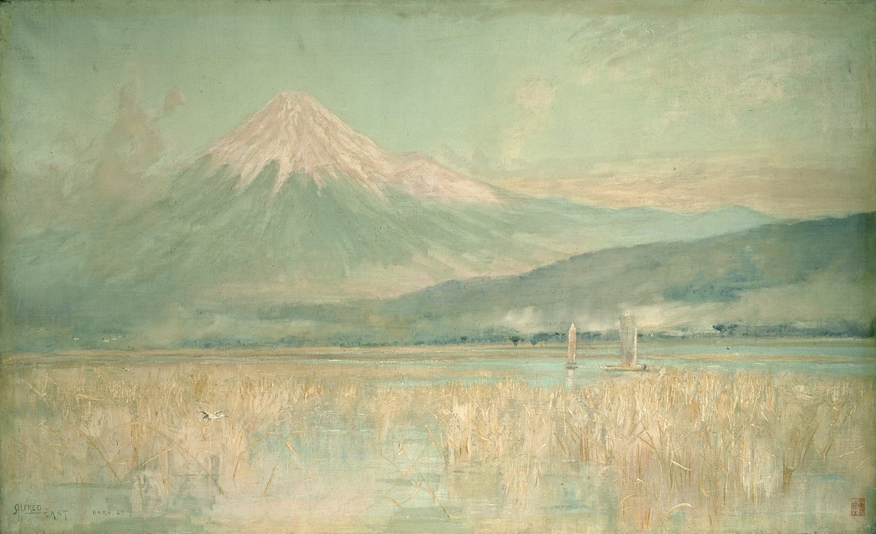 Alba sulla montagna sacra, il sole del Fuji mezzo nascosto tra le nuvole, 1889 da Alfred East