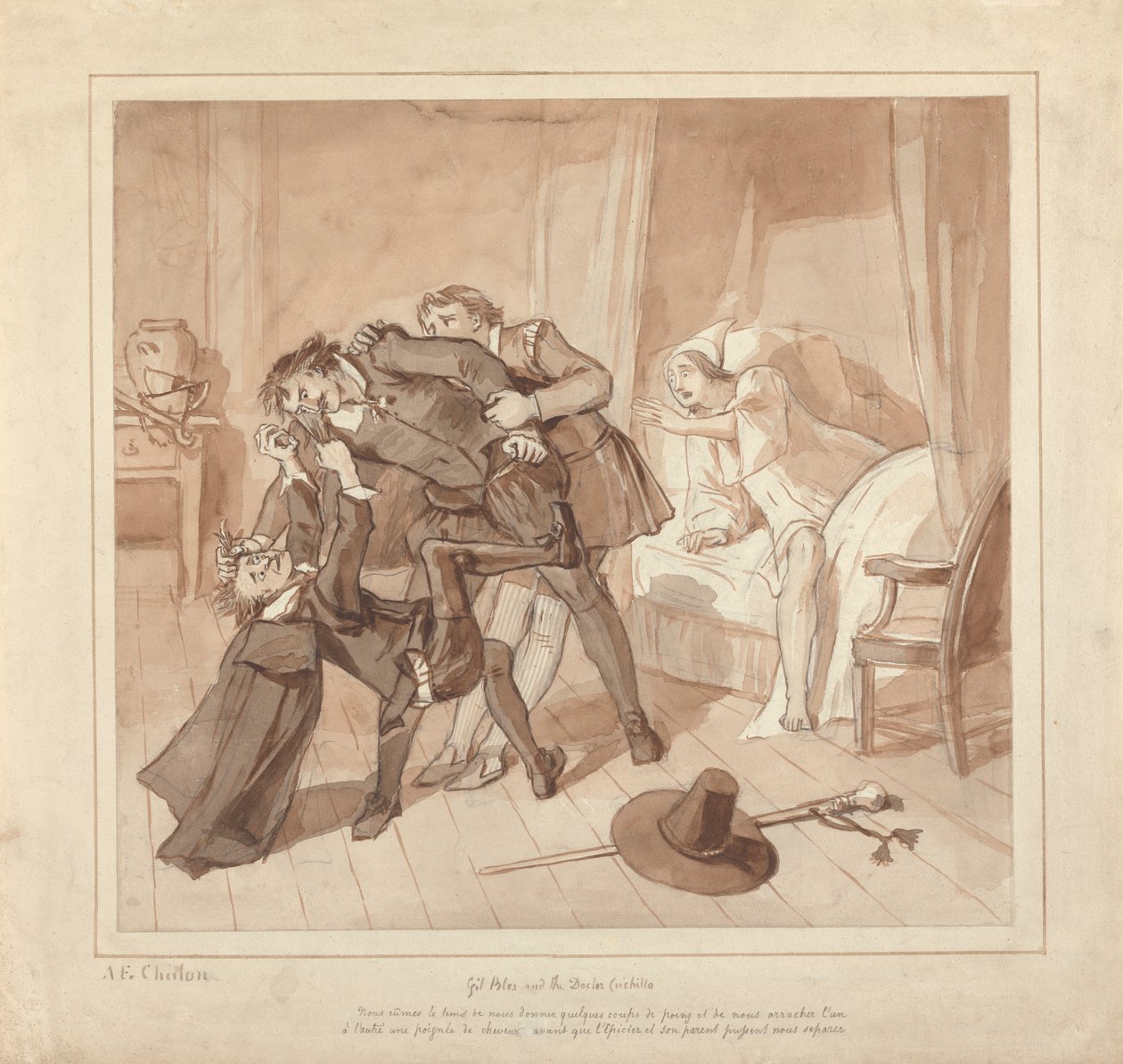 Gil Blas, mentre pratica la medicina sotto il dottor Sangrado, incontra il dottor Cuchillo al capezzale del droghiere da Alfred Edward Chalon