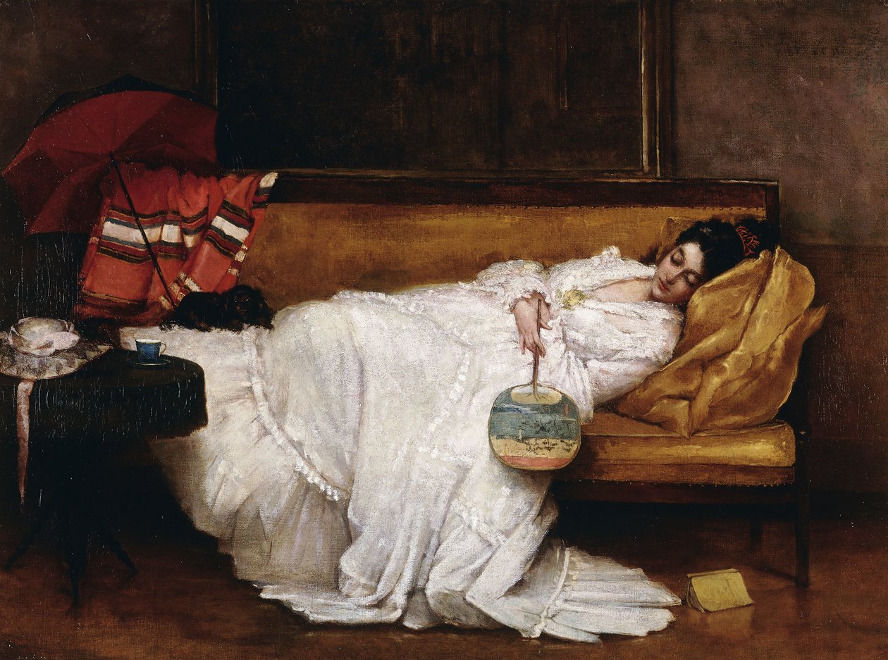 Ragazza con ventaglio giapponese addormentata su un divano da Alfred Emile Stevens