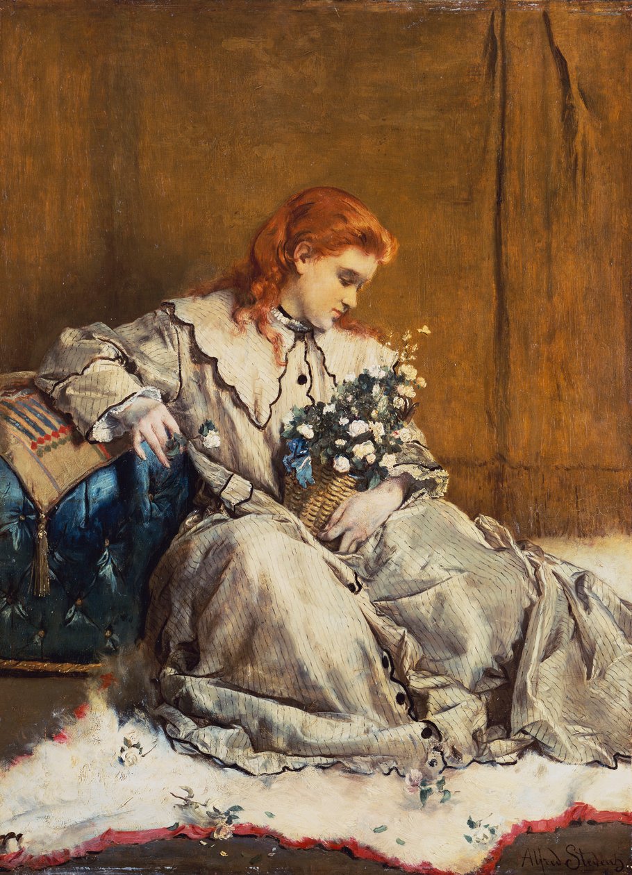 Sogno ad occhi aperti, giovane ragazza dai capelli rossi con ottomana blu da Alfred Emile Stevens
