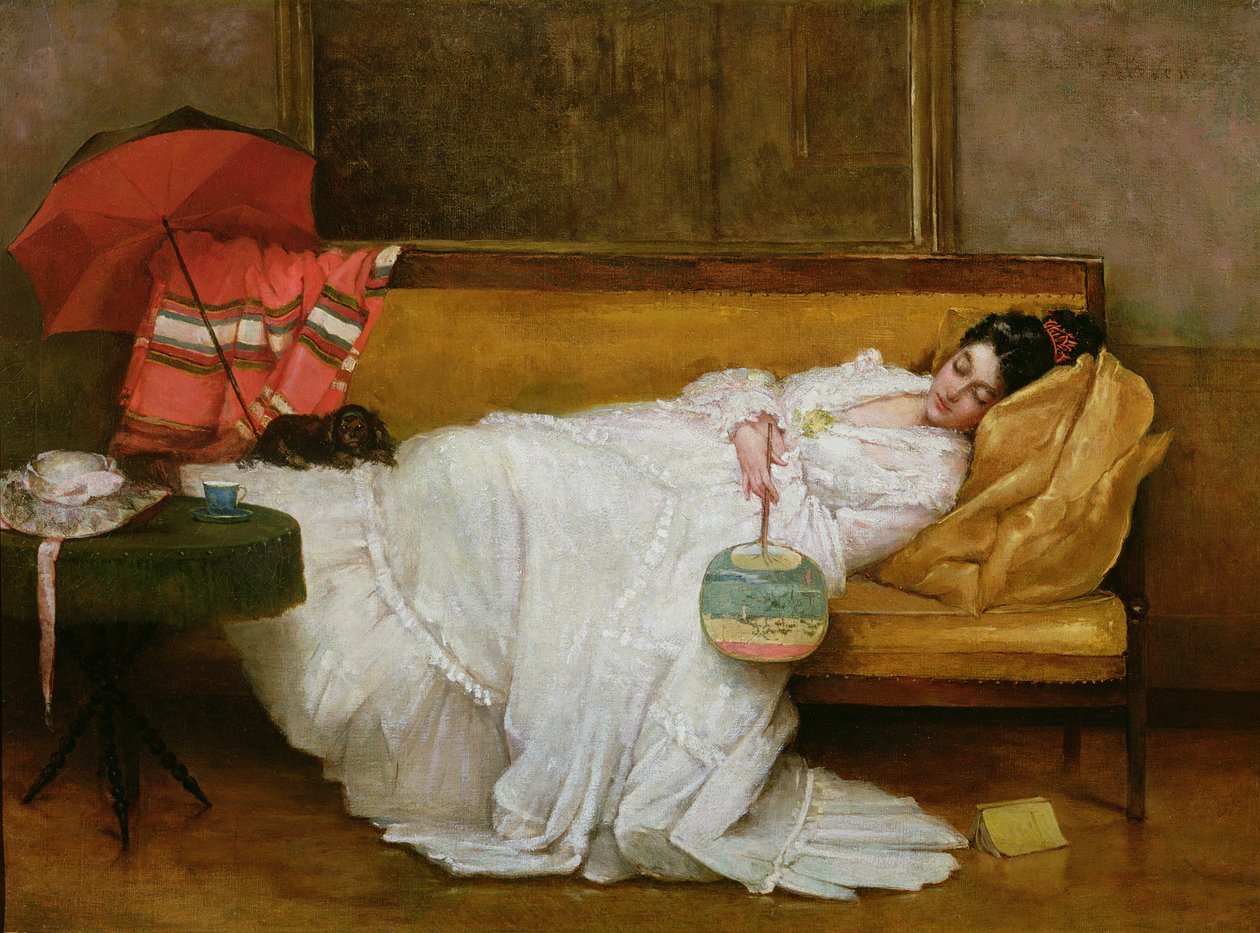 Ragazza in un vestito bianco che riposa su un divano da Alfred Emile Stevens