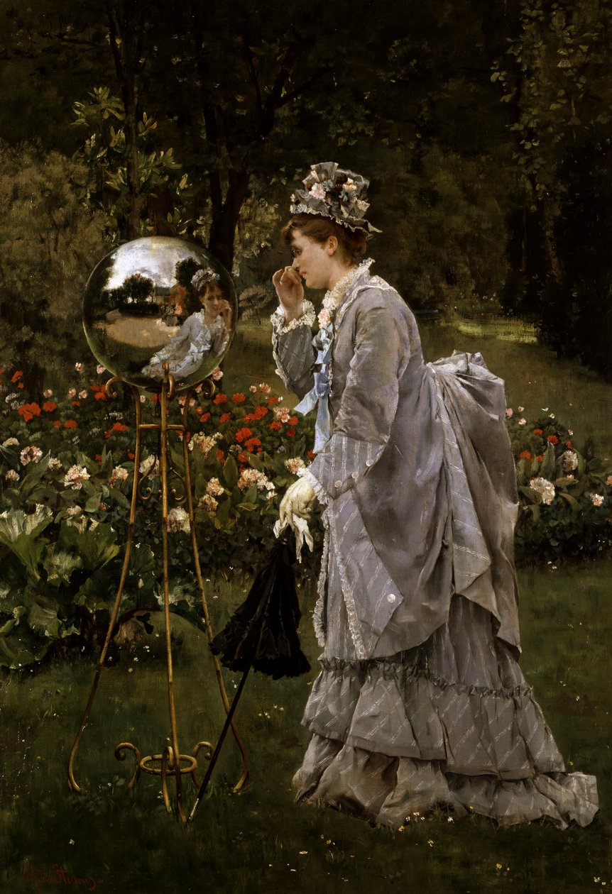 Nel parco ca. 1875. Una donna che indossa un abito a bustino (o faux-cul o faux cul) guarda il suo riflesso in una scultura a effetto specchio. Dipinto di Alfred Emile Leopold Stevens (1823-1906 Belgio) Collezione privata da Alfred Emile Stevens