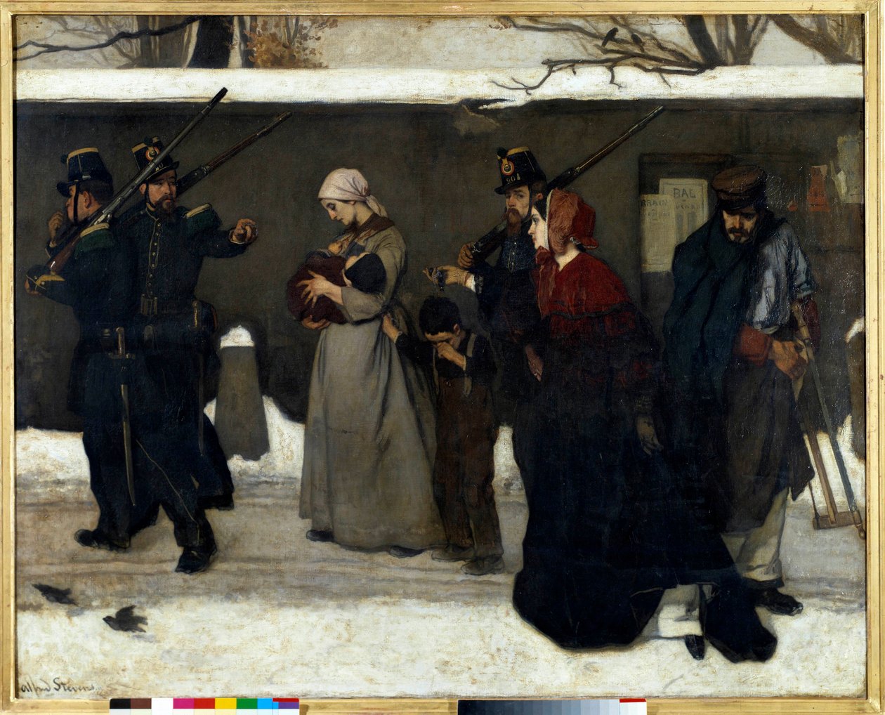 La cosiddetta vagabondaggio dice anche i cacciatori di Vincennes. Le guardie nazionali fermano le famiglie per strada da Alfred Emile Stevens