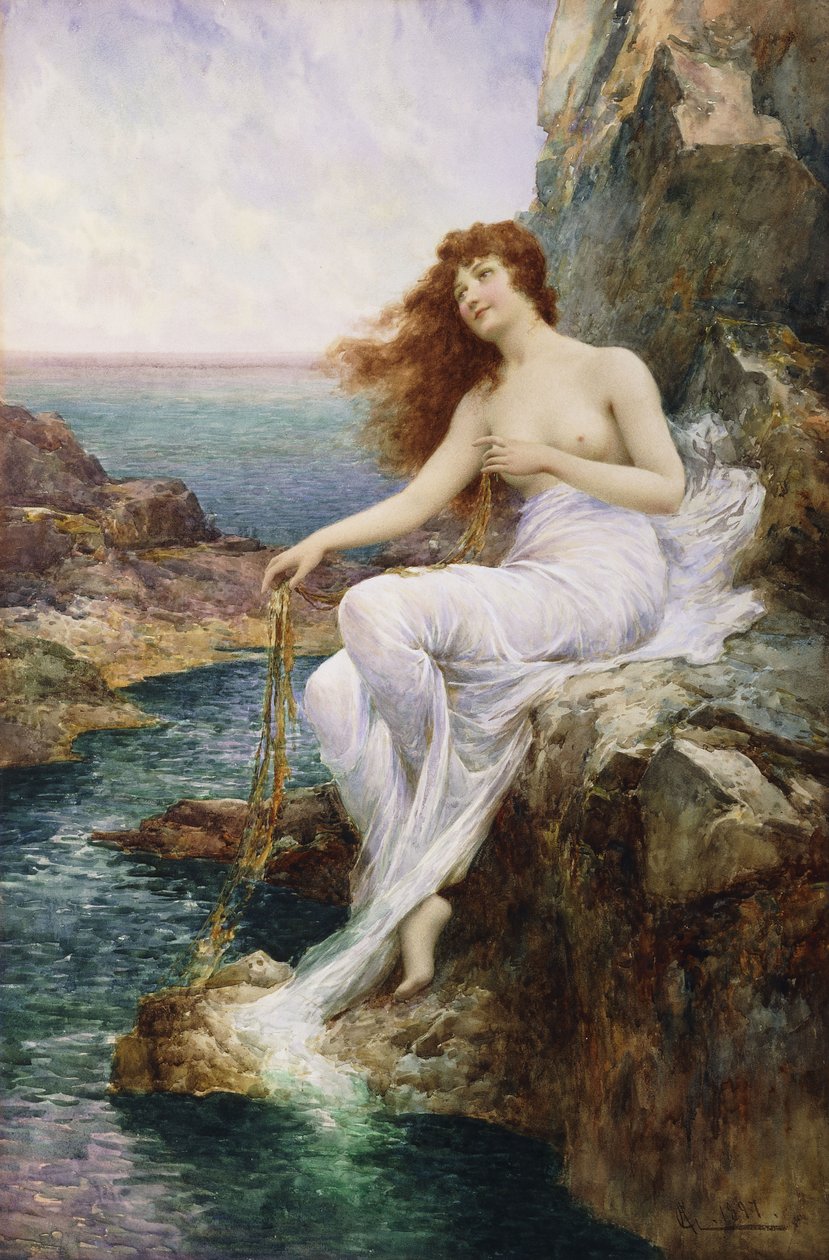 Una ninfa del mare seduta su una roccia con un nastro di alghe, 1897 da Alfred Glendening