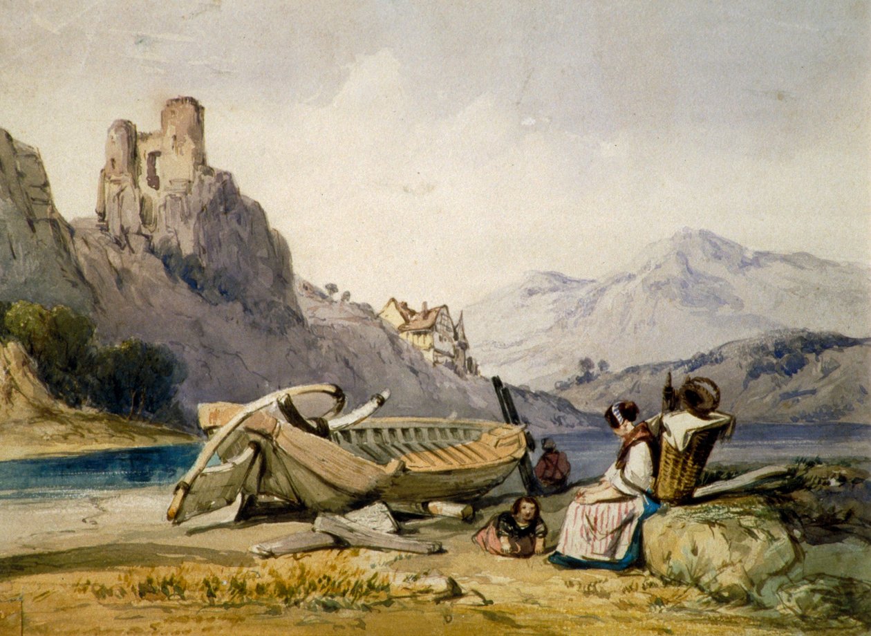 Figure e una barca sulla riva di un lago, una casa e un castello in rovina sullo sfondo da Alfred Gomersal Vickers