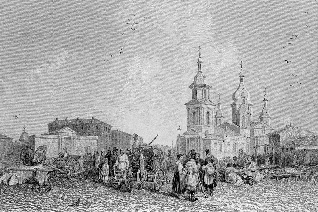 Il mercato del fieno, San Pietroburgo, inciso da W. Chevalier da Alfred Gomersal Vickers