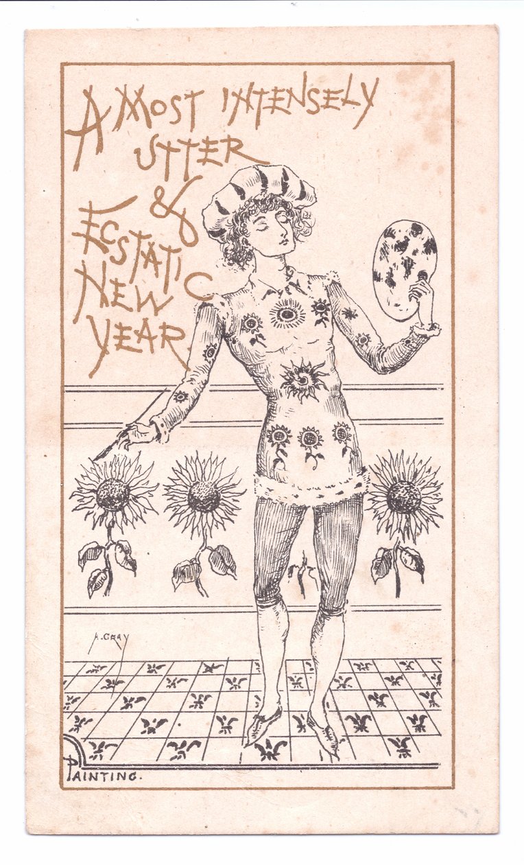 Cartolina di Capodanno vittoriana di un artista estetico da Alfred Gray