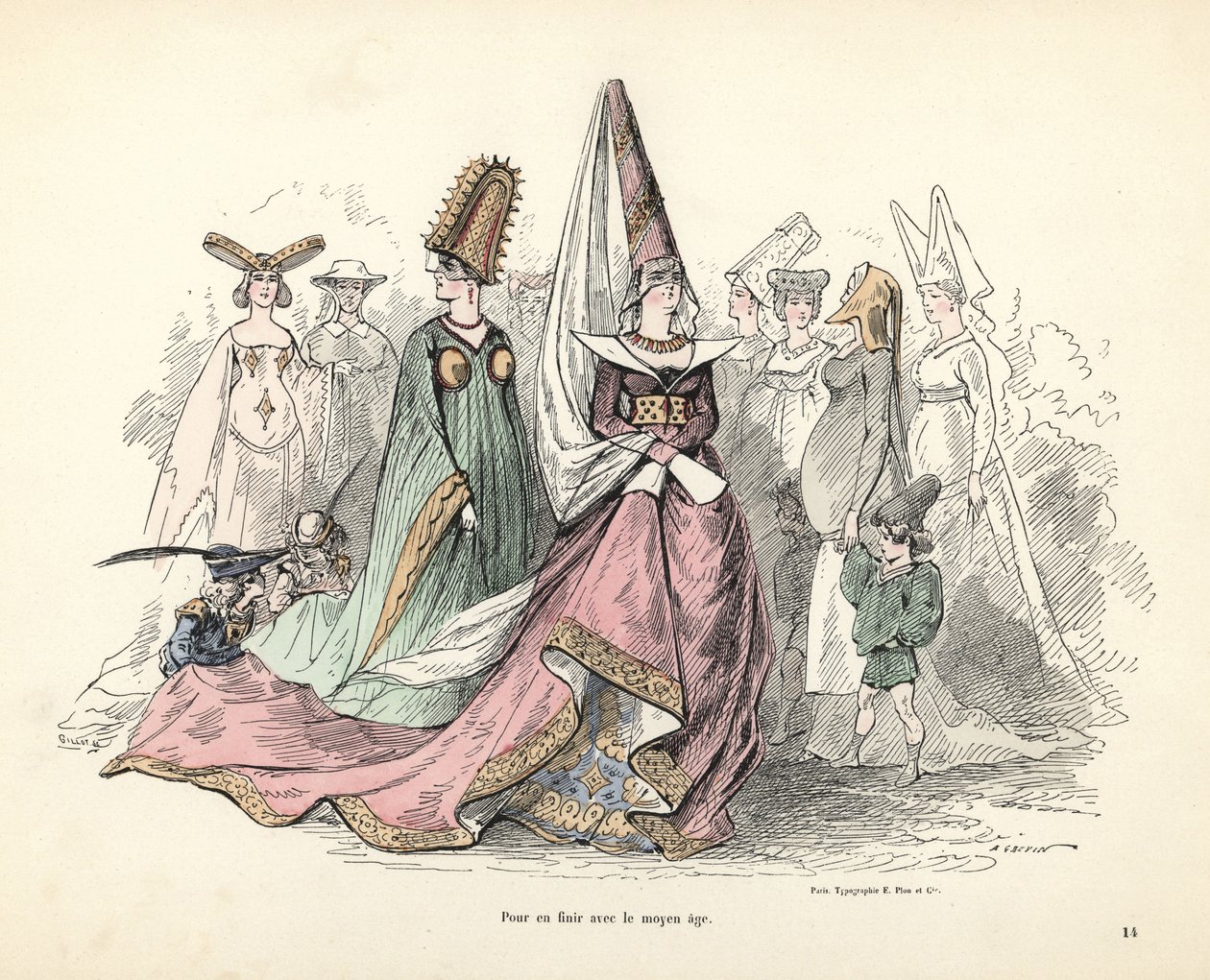 Caricature di costumi di donne e bambini nel medioevo da Alfred Grevin