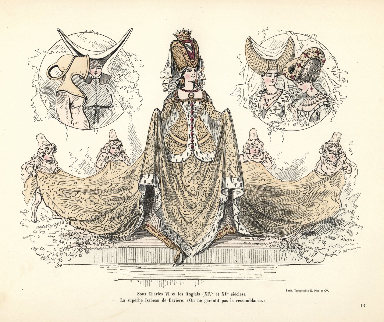 Costume di Isabeau di Baviera, Regina di Francia, copricapi da Alfred Grevin