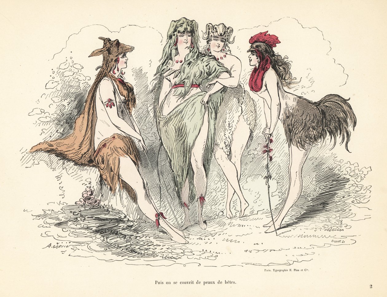 Donna che indossa costumi di pelli di animali, teste e piume da Alfred Grevin