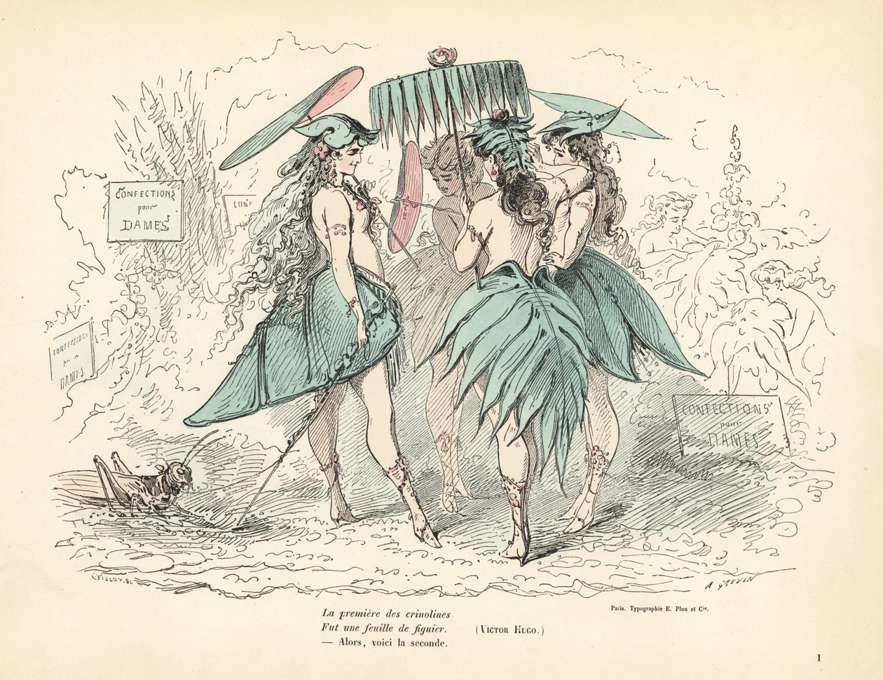 Donne vestite solo con abiti di foglie di fico e cappelli, tenendo foglie da Alfred Grevin