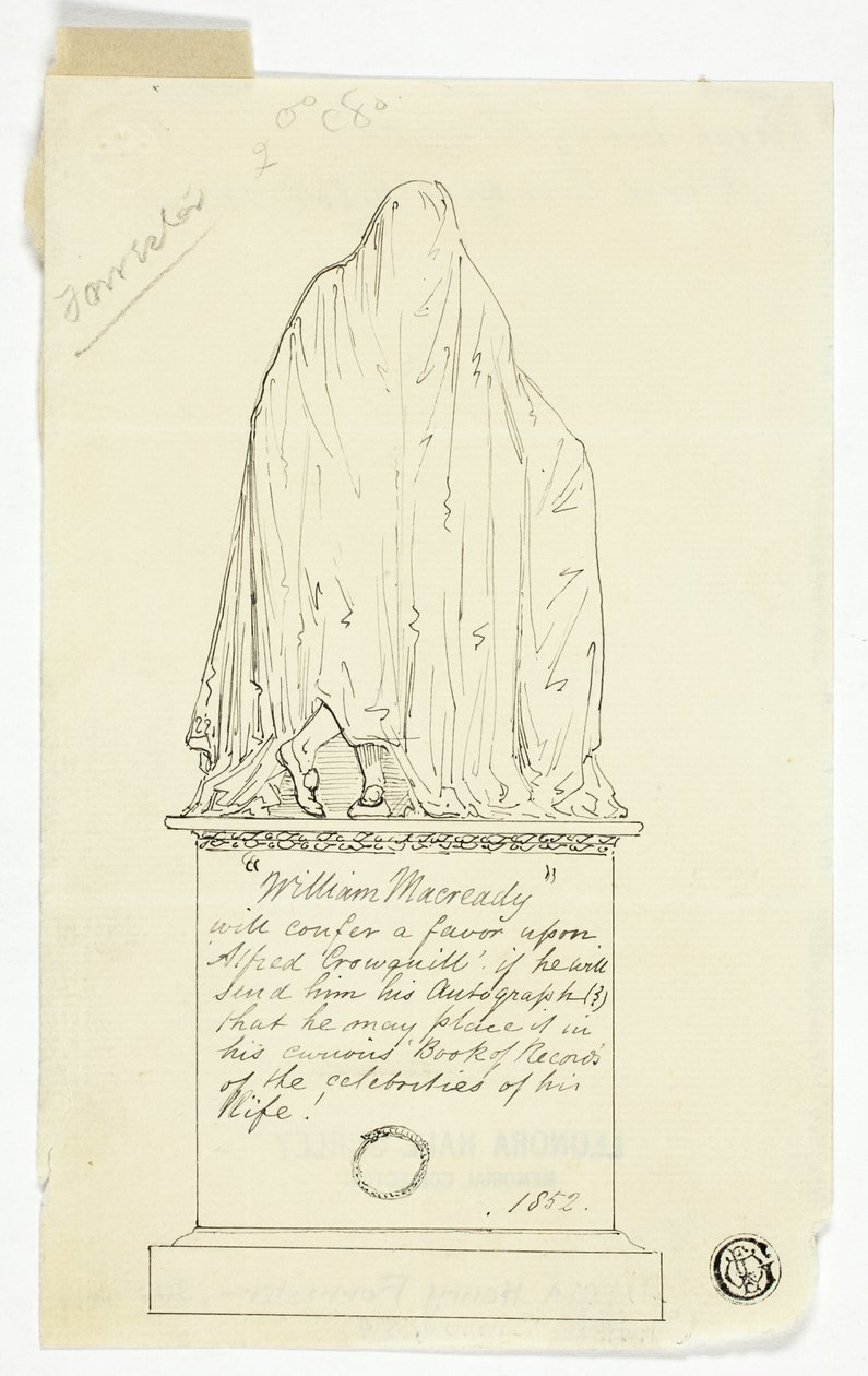 Biglietto da visita con monumento drappeggiato, iscrizione dell