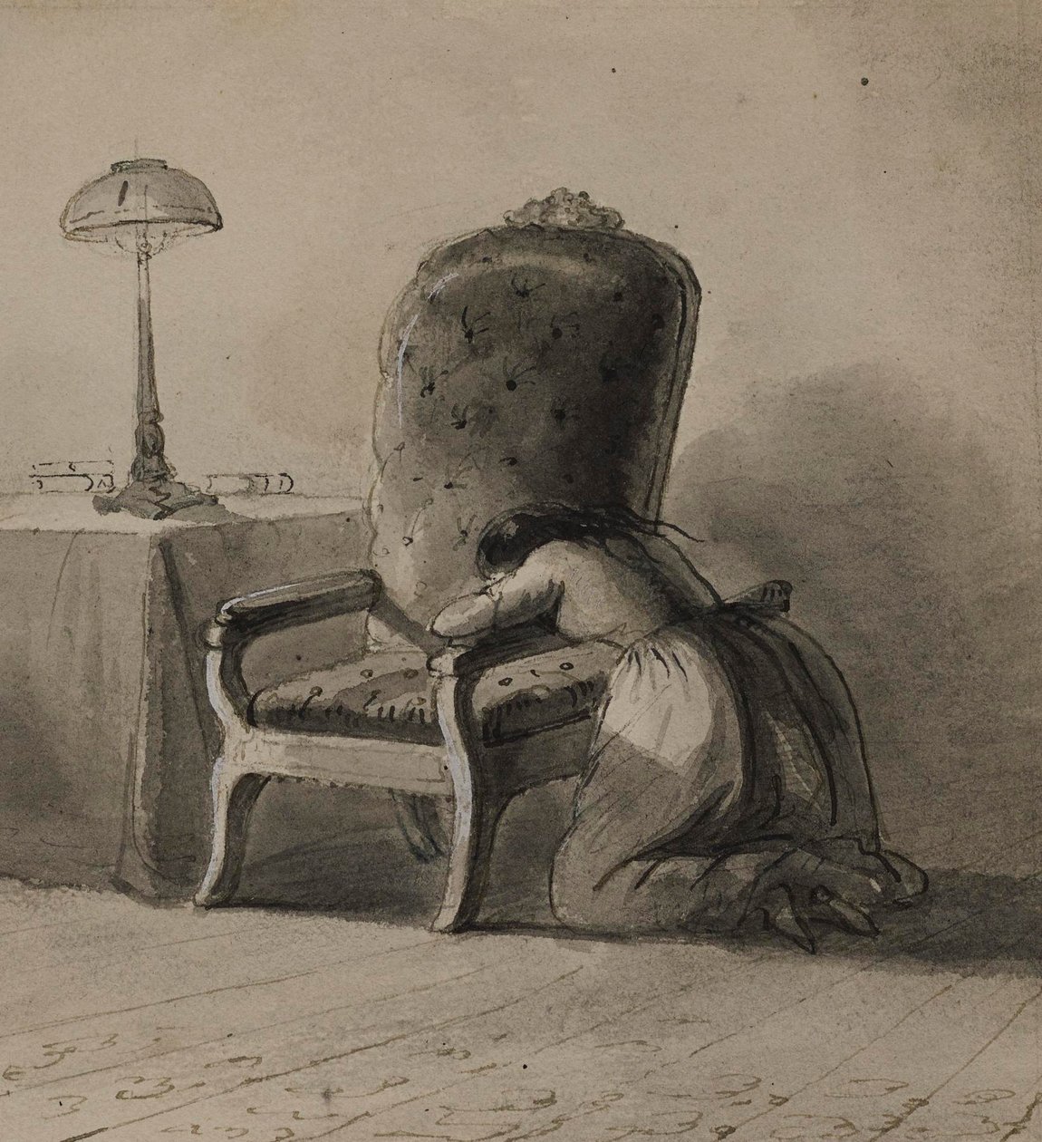 Ragazza inginocchiata sul bracciolo di una sedia da Alfred Jacob Miller