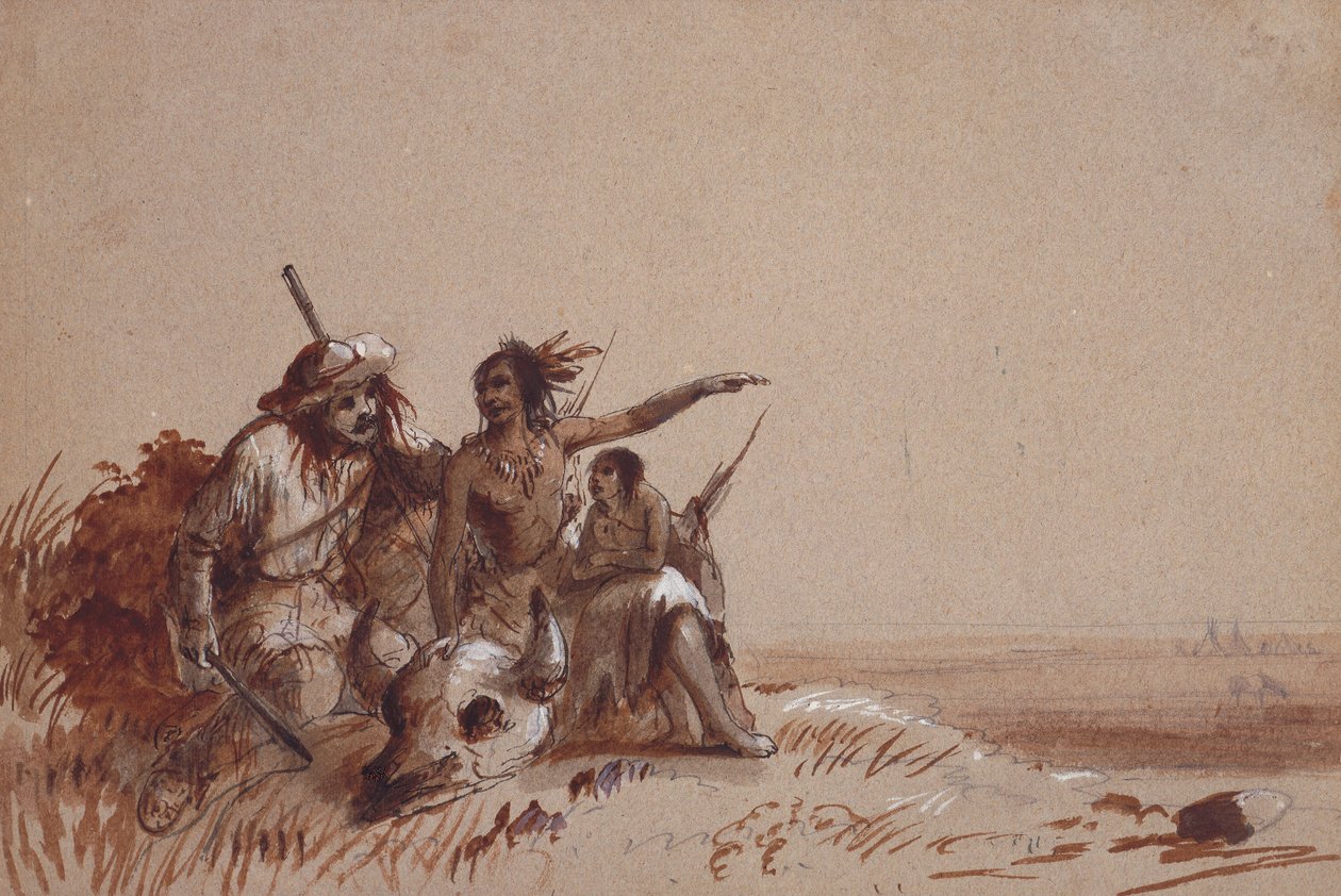 Indiano del Kansas che racconta a un trapper, con segni, la migrazione dei bufali, c.1837 da Alfred Jacob Miller