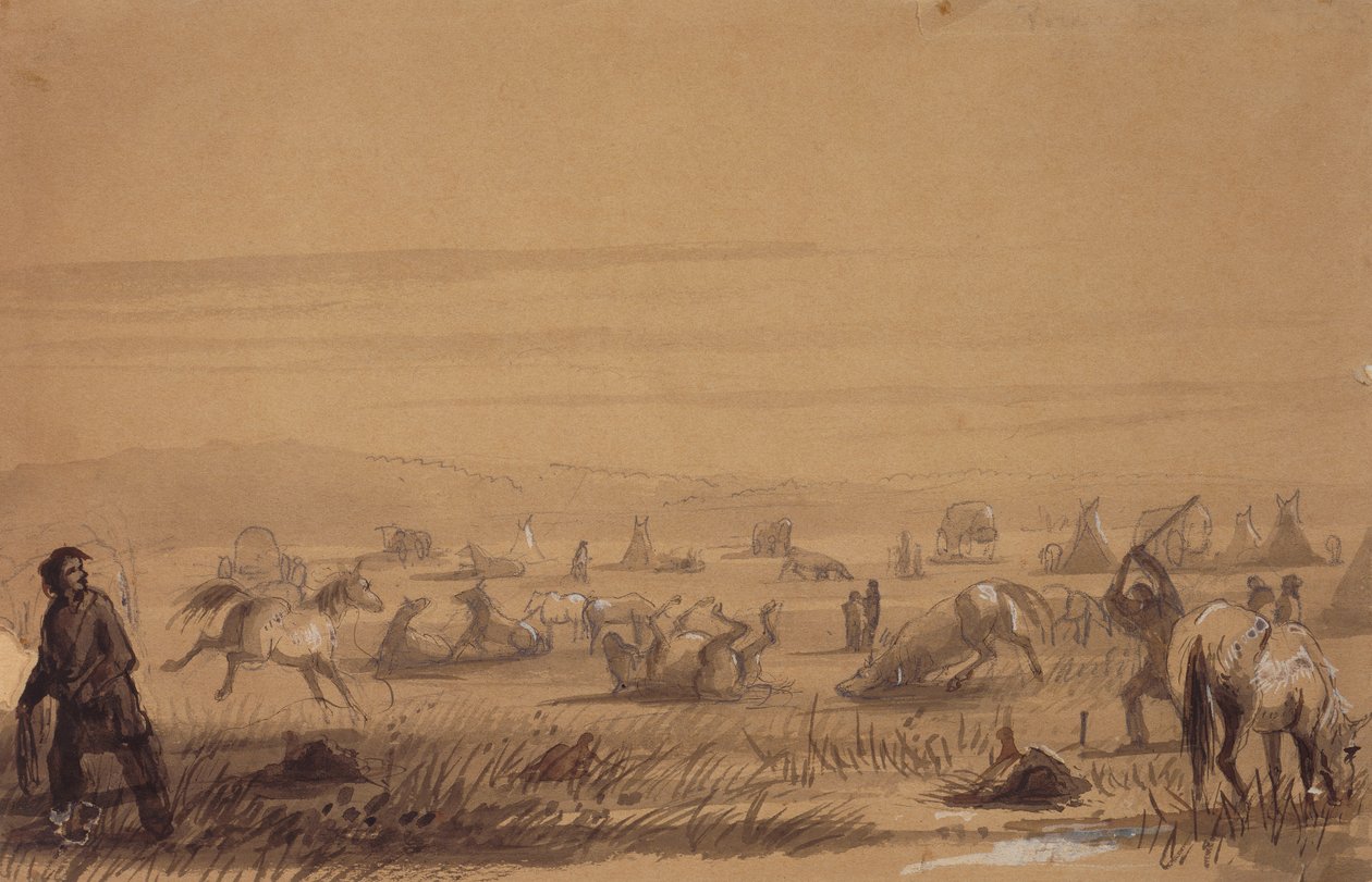 Raggiungere il campo, rimuovere le selle, c.1837 da Alfred Jacob Miller