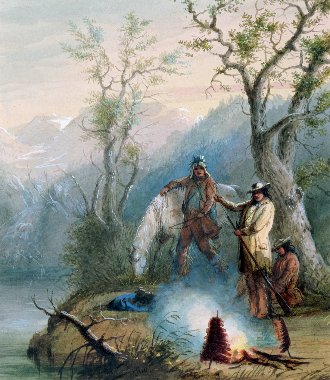 Arrostire la costola di gobba, 1837 (acquerello con bianco su carta) da Alfred Jacob Miller