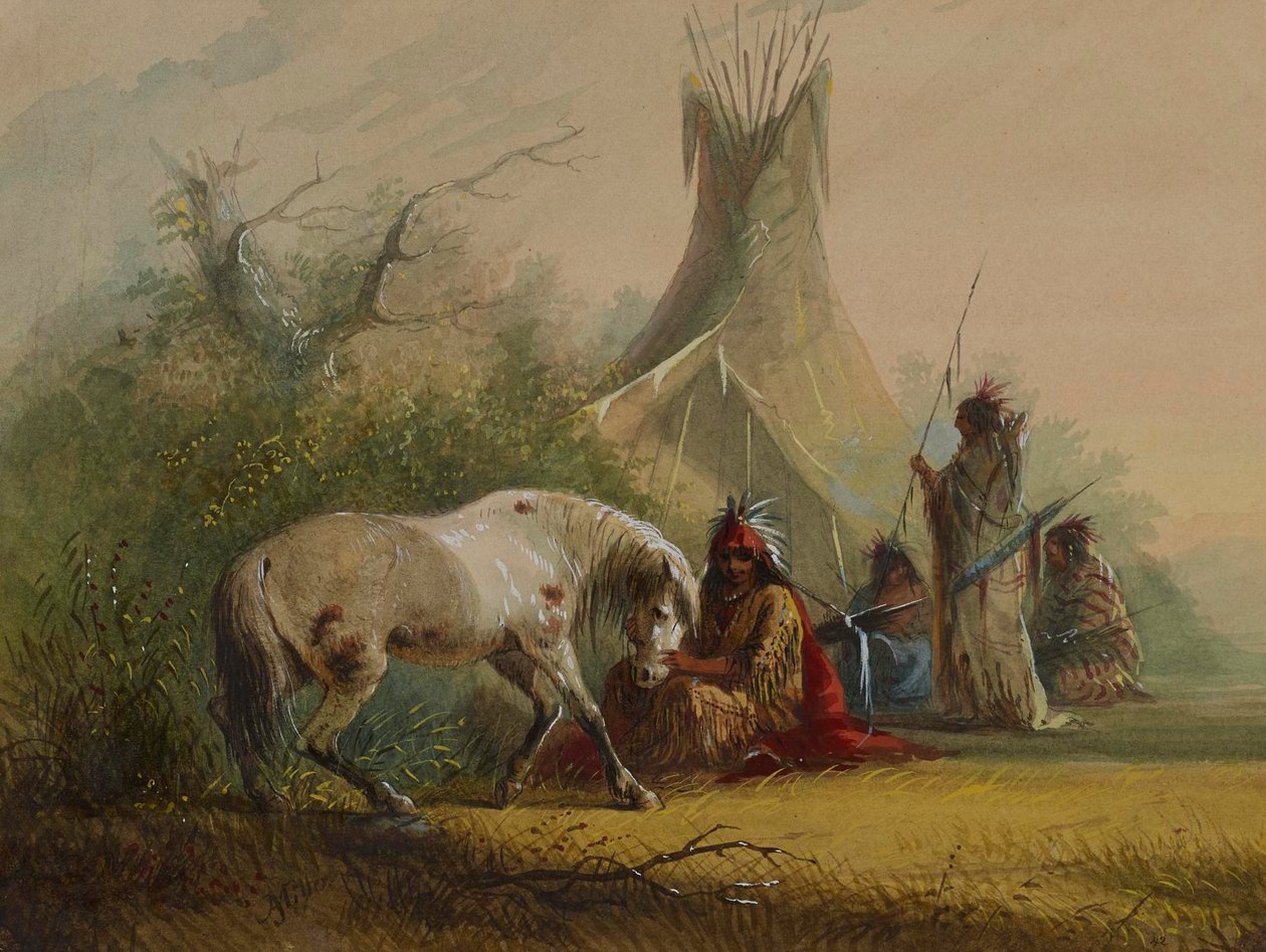Indiano Shoshone e il suo cavallo domestico da Alfred Jacob Miller
