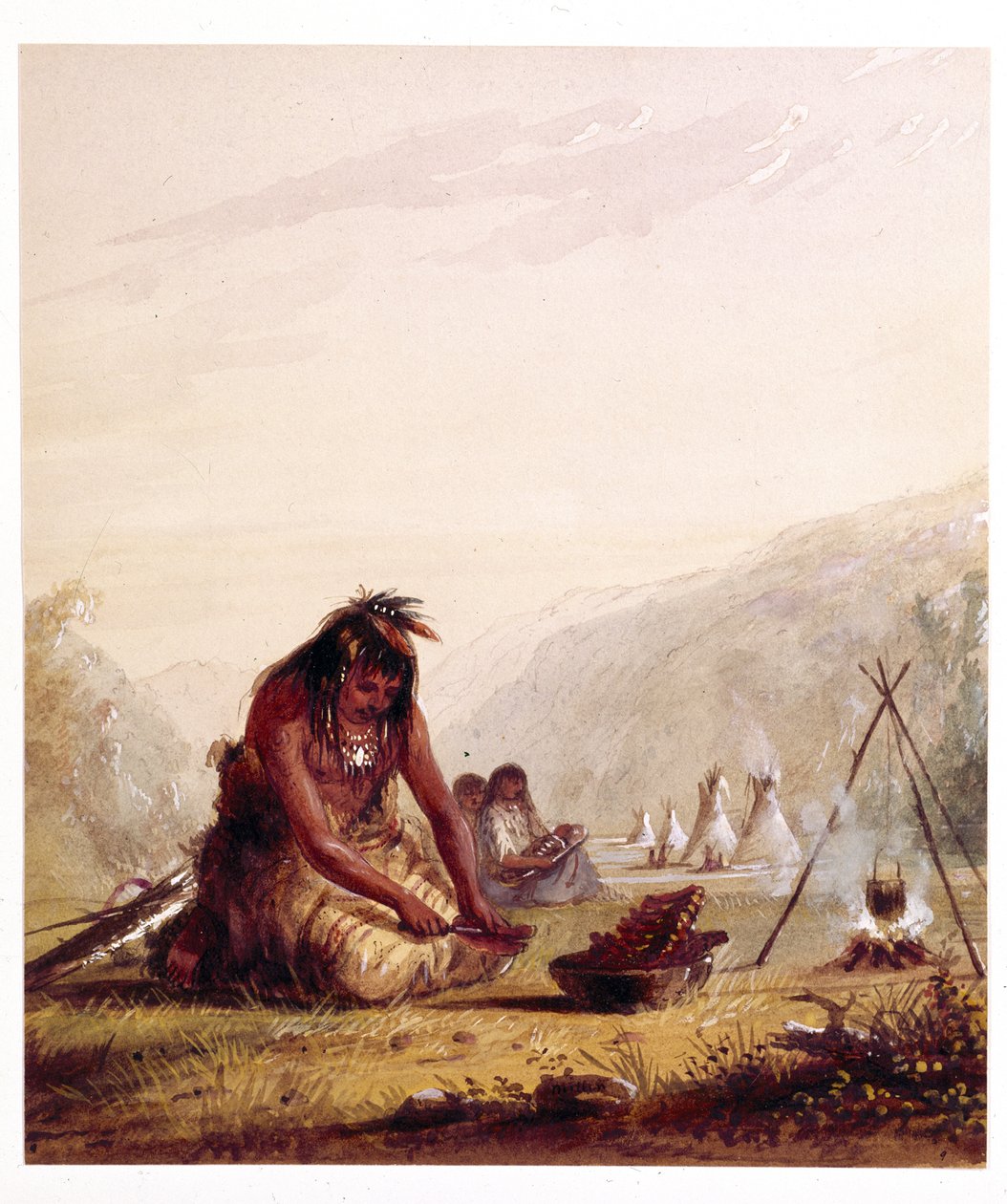 Un indiano Shosohonee [sic] mentre prepara il suo pasto da Alfred Jacob Miller