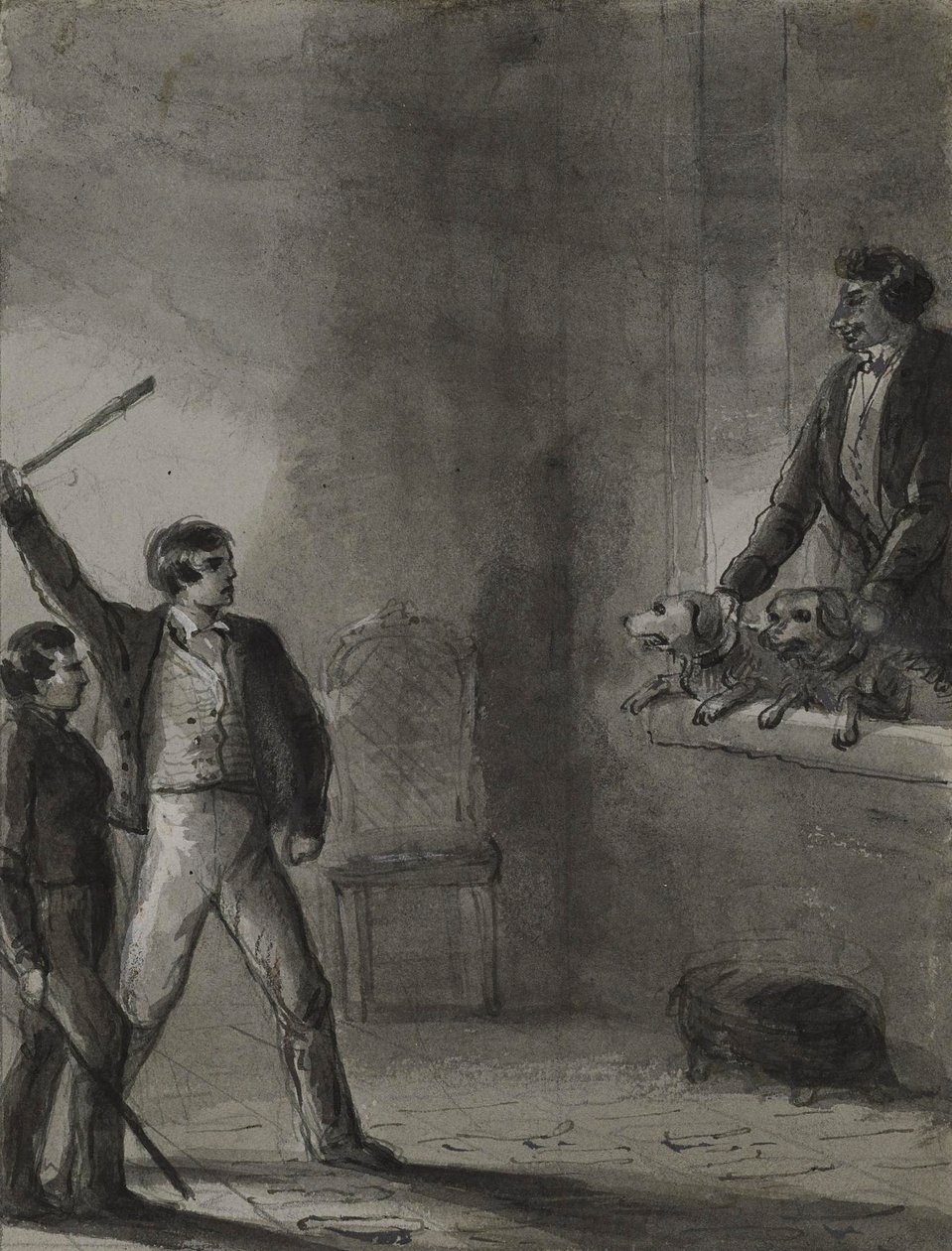 Due ragazzi con bastoni alzati mentre un uomo e dei cani guardano da una finestra da Alfred Jacob Miller