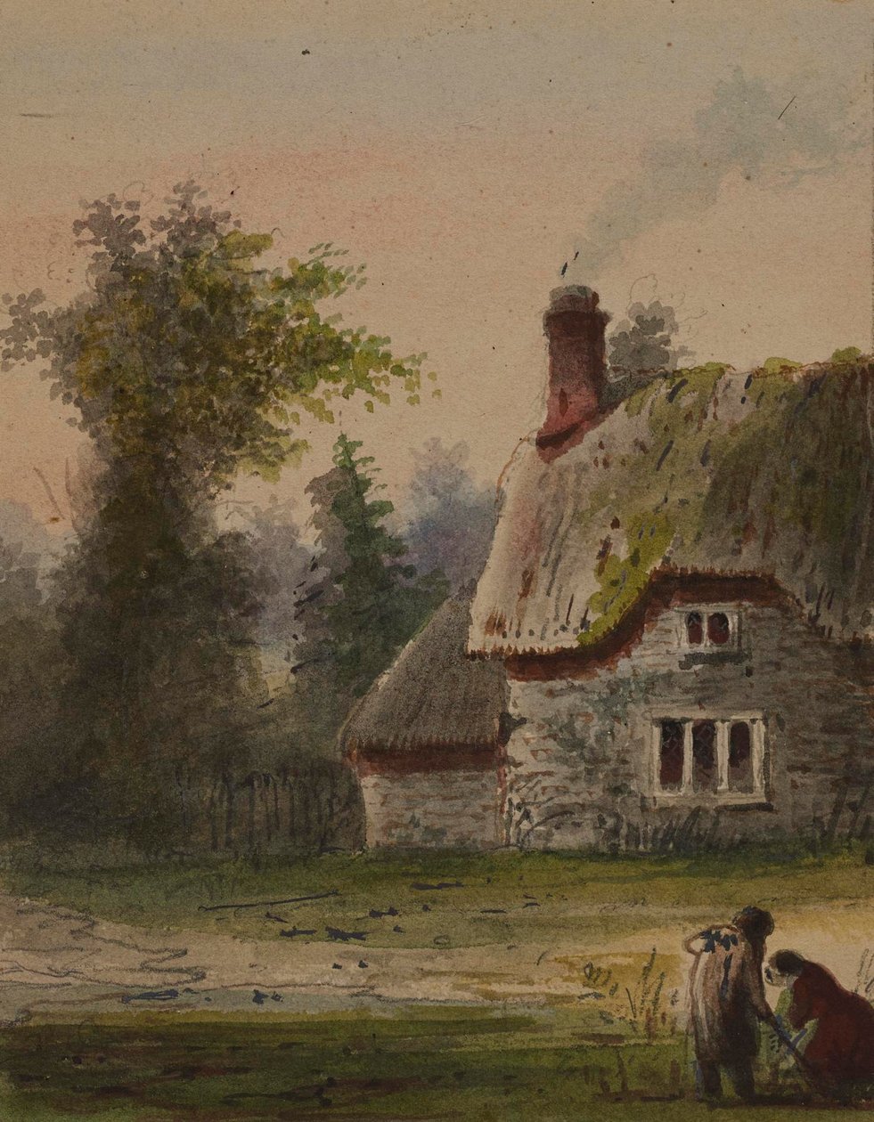 Due figure davanti a un cottage da Alfred Jacob Miller