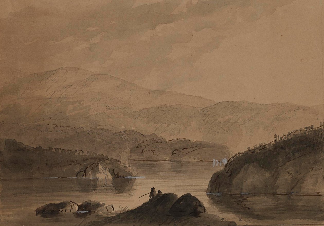 Veduta di uomini che pescano da uno scoglio in un lago da Alfred Jacob Miller