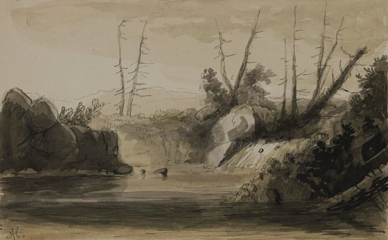 Veduta di una cascata e di un piccolo lago da Alfred Jacob Miller