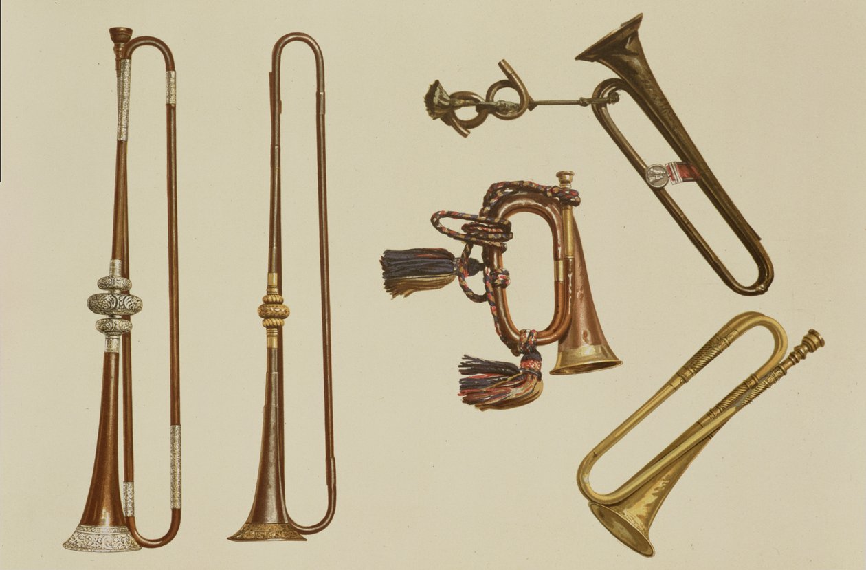Tromba di cavalleria, un corno, una tromba dorata fatta da John Harris c.1730, una tromba e una tromba con montatura in argento di William Ball c.1680, da 