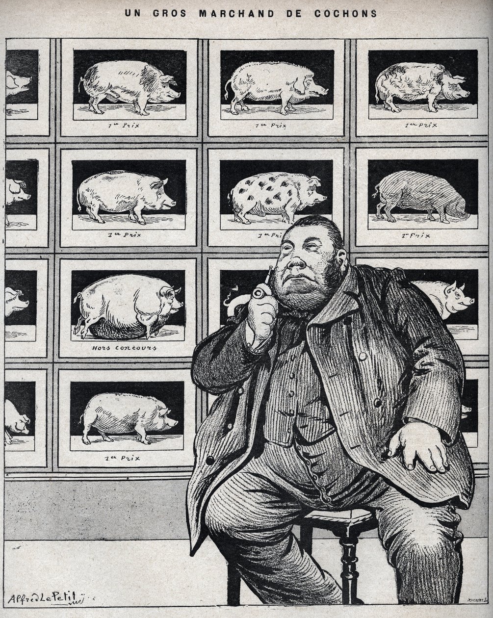 Un grande commerciante di maiali - Caricatura in "Le Cochon, souvenirs of Normandy" 1898 da Alfred Le Petit