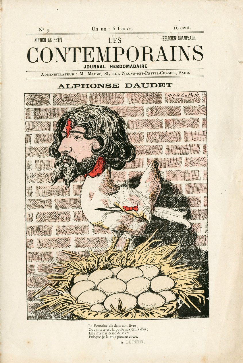 Copertina di Les Contemporains, numero 9, satirico a colori: Alphonse Daudet - Letteratura - Houle, Daudet Alphonse - Illustrazione di Alfred Le Pepetit da Alfred Le Petit